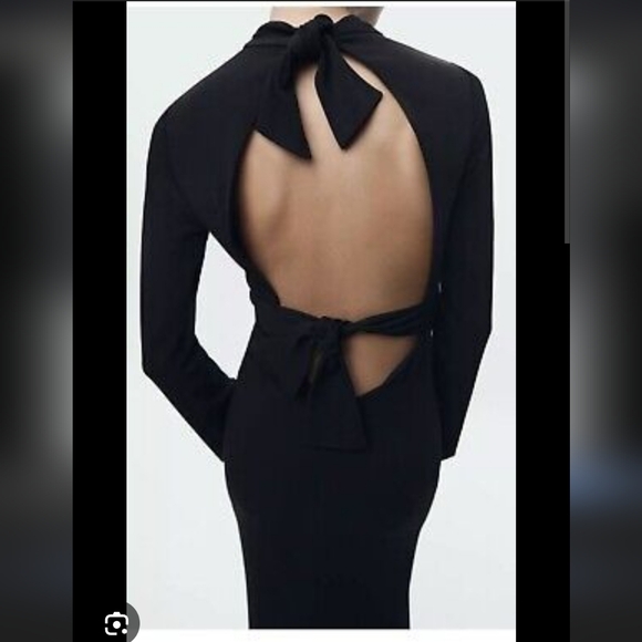 Zara Black Open Bow Back Long Slwwves Back Slit Midi Dress - Picture 2 of 4